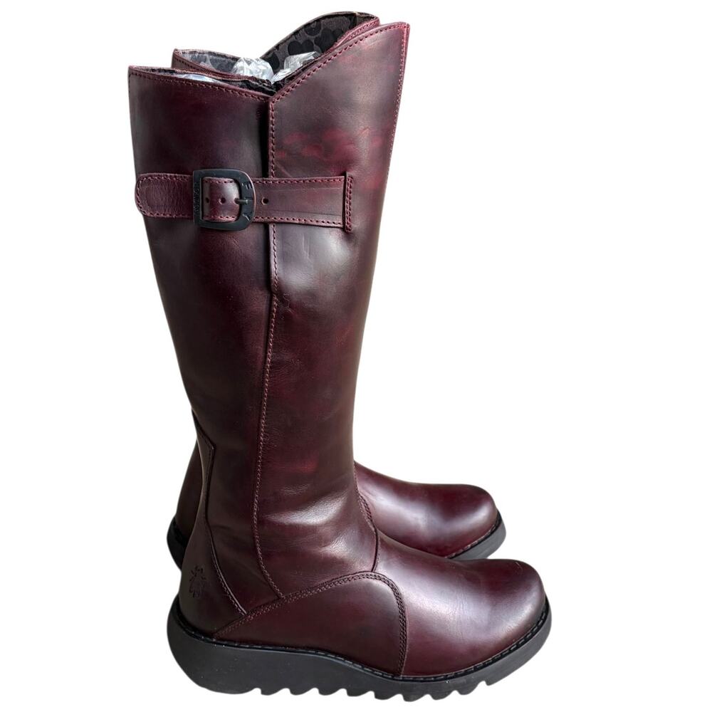 FLY LONDON KNEE HIGH WEDGE BOOTS MOL 2 WINE BERGUNDY WOMEN SIZE US 8.5/EU39 - Picture 3 of 11
